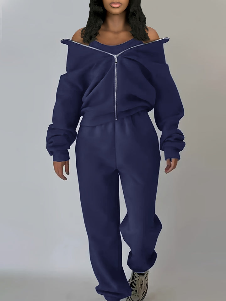 Plus Size Sporty Outfits Set, Women's Plus Solid Zipper Front Long Sleeve Coat & Joggers Outfits 2 Piece Set