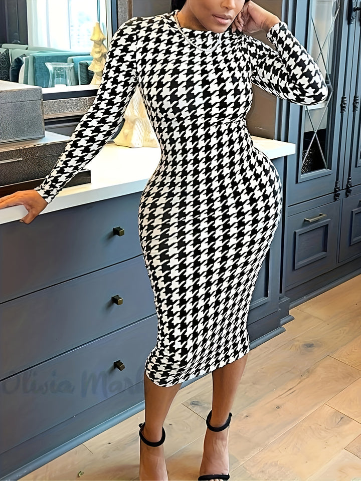 Plus Size Elegant Dress, Women's Plus Houndstooth Print Long Sleeve Round Neck Bodycon Midi Dress