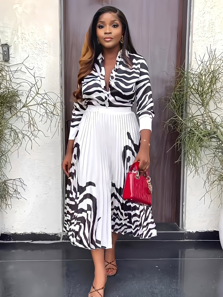 Zebra Print Casual Two-piece Set, Button Front Long Sleeve Tops & Pleated Skirts Outfits, Women's Clothing