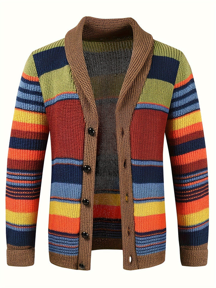 Elegant High Stretch Ethnic Retro Cardigan, Men's Casual Vintage Style V Neck Button Up Cardigan Sweater Coat For Fall Winter