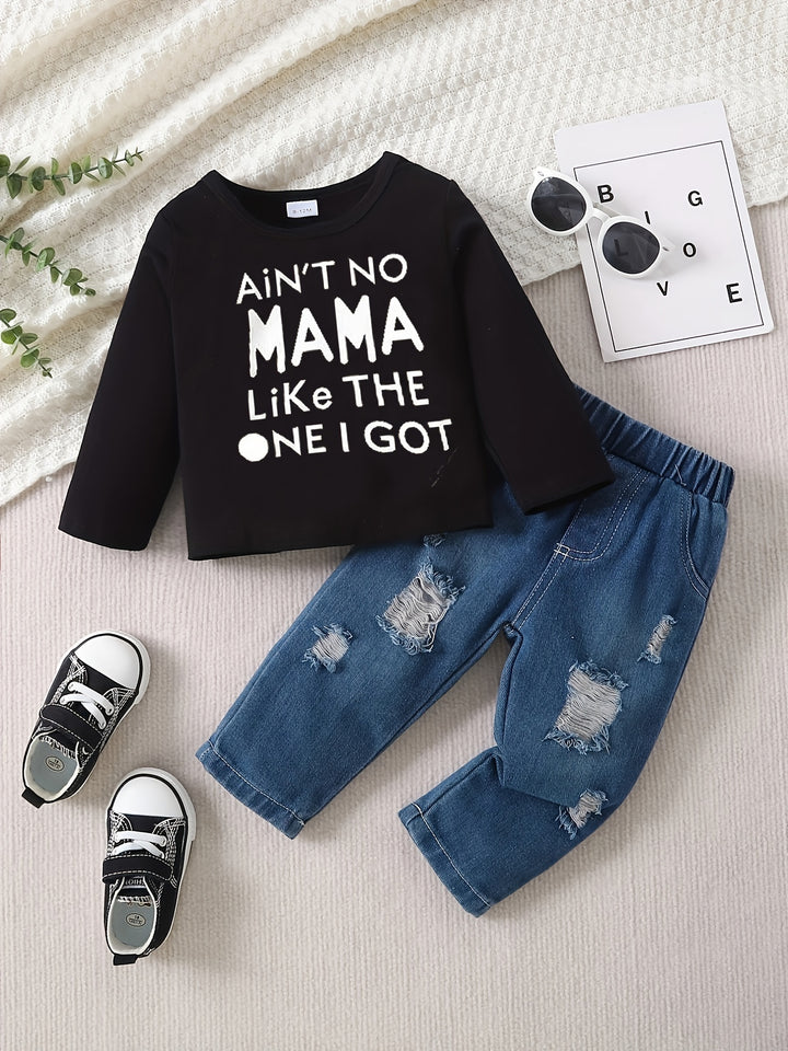 Toddler Baby Boys Trendy Casual Outfit, COOLER VERSION OF DAD Letter Print Long Sleeve Top & Ripped Jeans Set