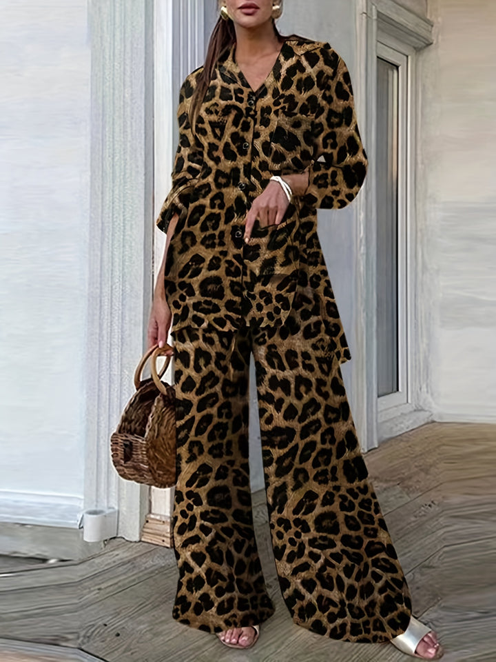 Leopard Print Casual Two-piece Set, Button Front Long Sleeve Shirt & Wide Leg Pants Outfits, Women's Clothing