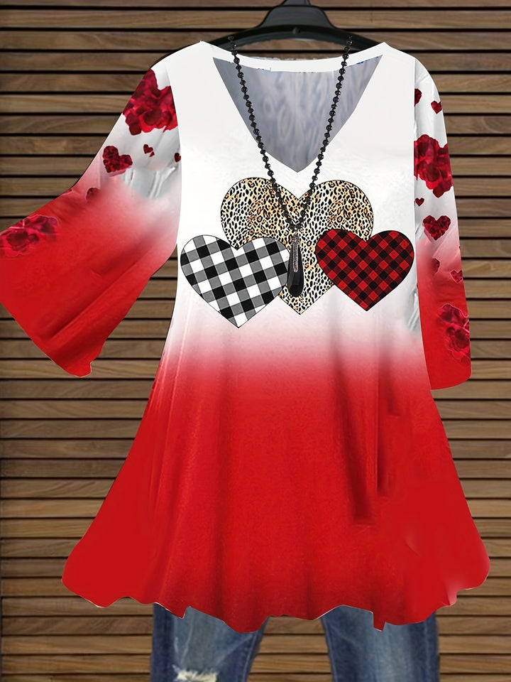 Plus Size Heart Print Top, Valentine's Day V Neck 3/4 Sleeve Top, Women's Plus Size Clothing