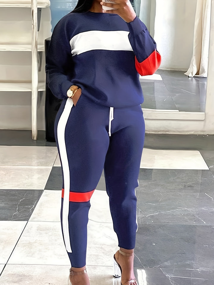 Plus Size Casual Outfits Set, Women's Plus Colorblock Long Sleeve Round Neck Pullover Top & Drawstring Joggers With Pockets Outfits Two Piece Set