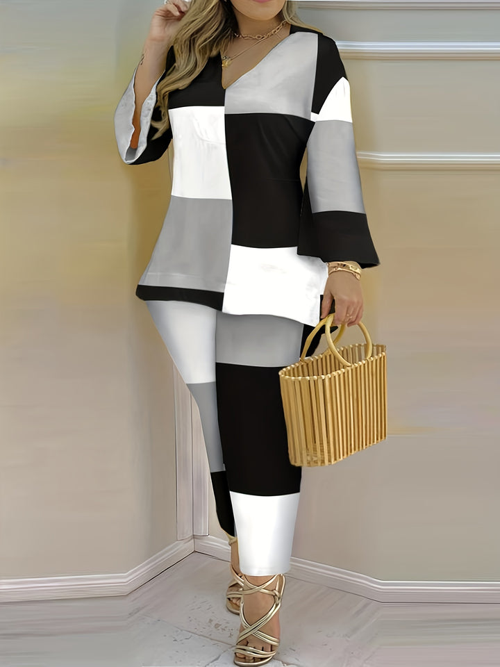 Plus Size Elegant Outfits Set, Women's Plus Colorblock Bell Sleeve V Neck Top & Pants Outfits Two Piece Set