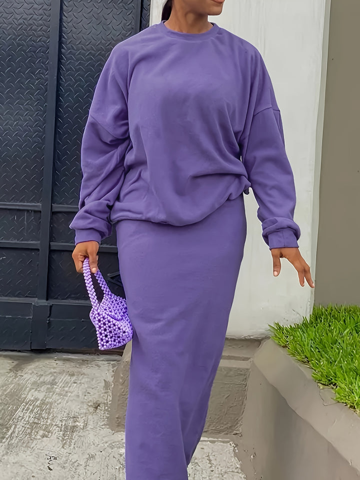 Plus Size Casual Outfits Set, Women's Plus Solid Long Sleeve Drop Shoulder Top & Skirt Outfits 2 Piece Set