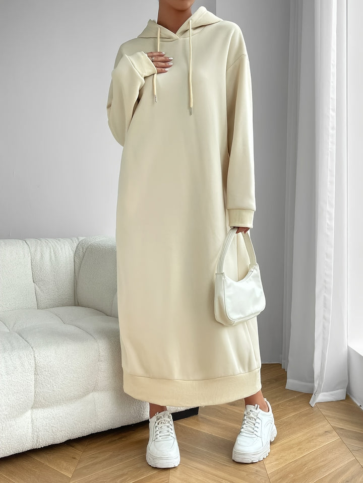 Solid Drawstring Hooded Dress, Casual Long Sleeve Loose Dress, Women's Clothing