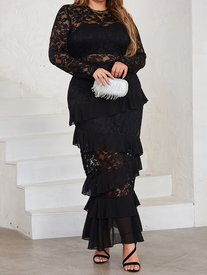 Plus Size elegant Dress, Women's Plus Solid Contrast Lace Long Sleeve Round Neck Ruffle Trim Maxi Dress