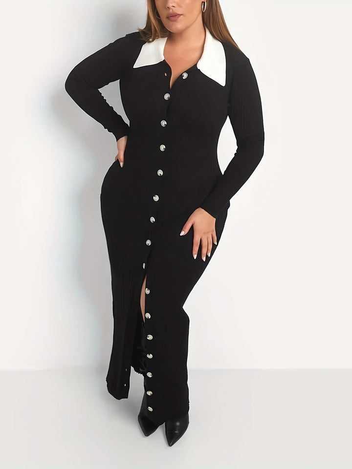 Plus Size Colorblock Button Front Dress, Casual Collared Long Sleeve Midi Dress, Women's Plus Size Clothing
