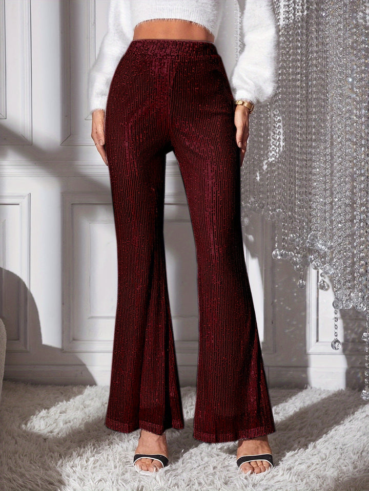 Sequined Solid Flare Leg Pants, Elegant High Waist Fashion Pants, Women's Clothing