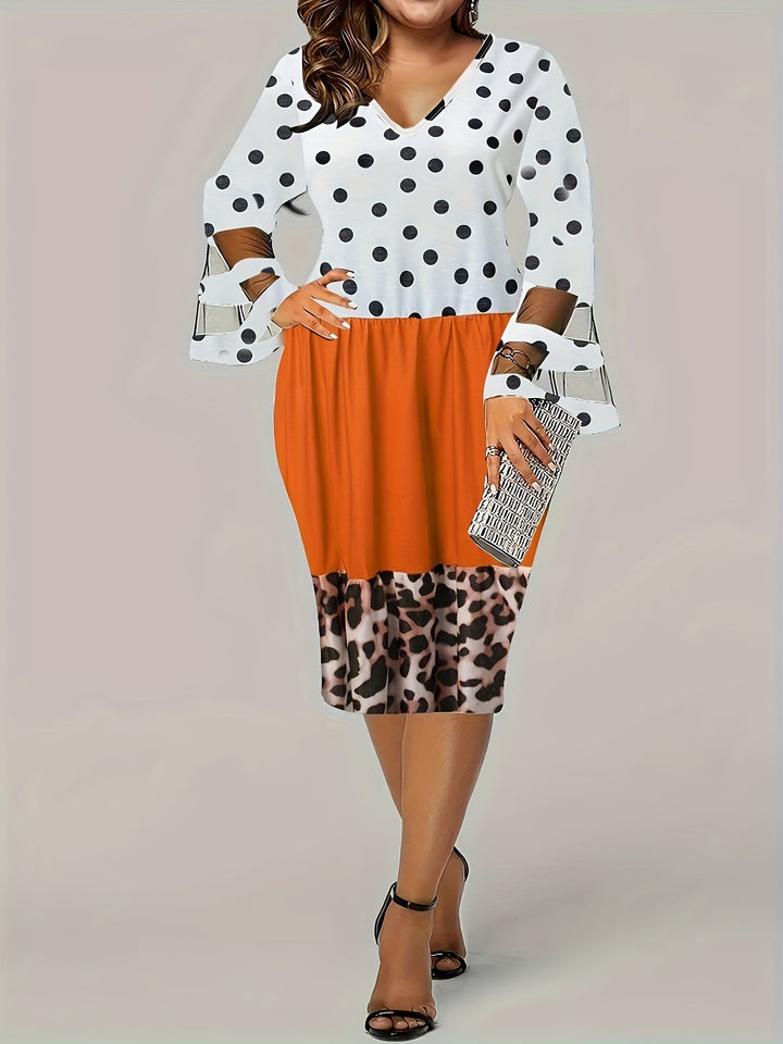 Elegant Plus Size Midi Dress with Colorblock Polka Dot & Leopard Print Contrast Mesh Bell Sleeves