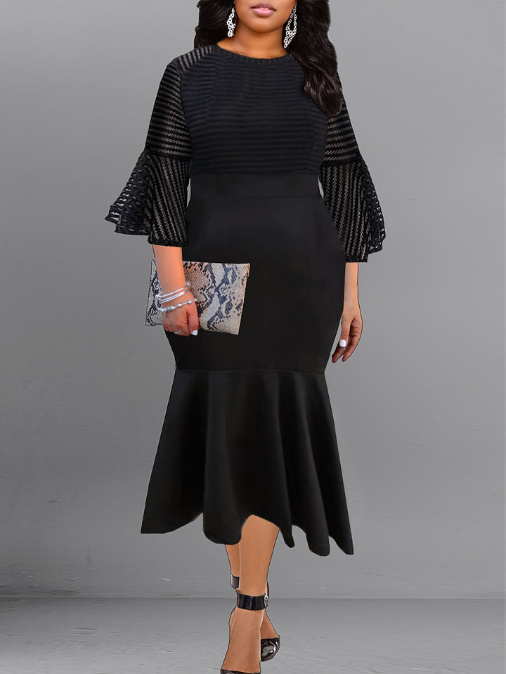 Elegant Plus Size Party Dress with Bell Sleeves and Mermaid Hem