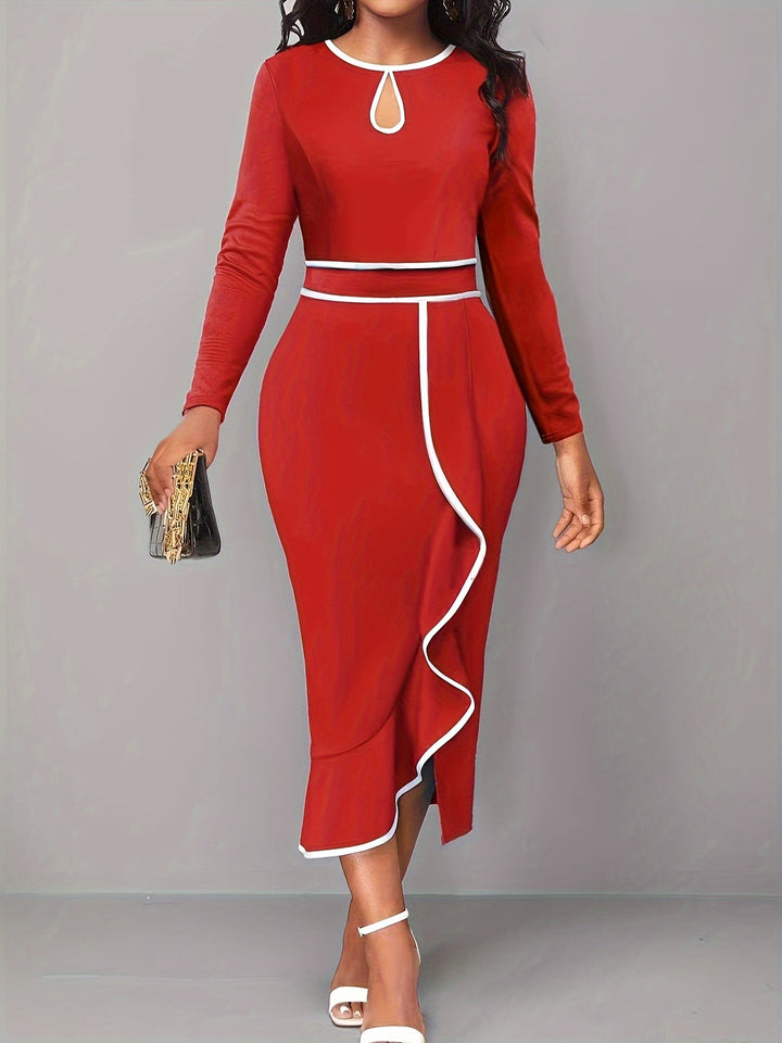 Contrast Trim Ruffle Midi Dress, Elegant Keyhole Long Sleeve Bodycon Dress, Women's Clothing