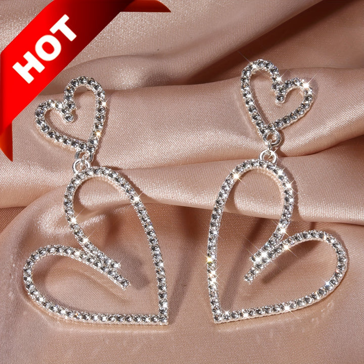 Double Hollow Heart Design Shiny Rhinestone Inlaid Dangle Earrings Simple Luxury Style Delicate Gift For Lovers