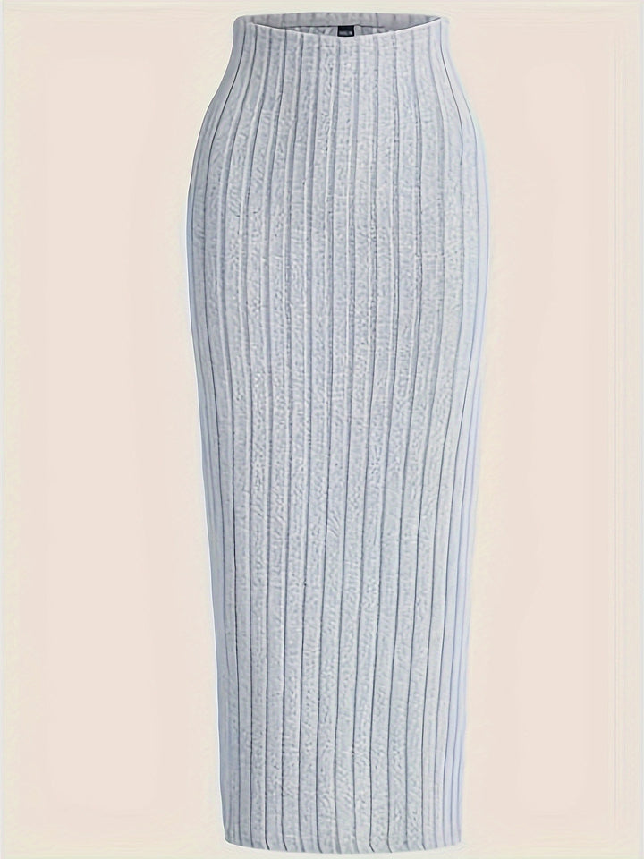 Plus Size Casual Skirt, Women's Plus Solid Ribbed Elastic High Rise High Stretch Maxi Midi Skirt